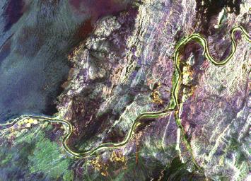 This radar image shows a close up view of a portion of the Richtersveld National Park and Orange River (top of image) in the Northern Cape Province of the Republic of South Africa.