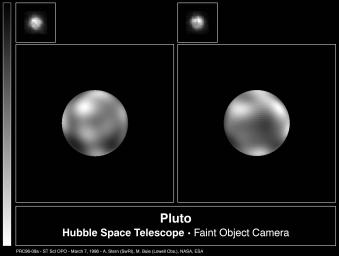 The never-before-seen surface of the distant planet Pluto is resolved in these NASA Hubble Space Telescope pictures, taken with the European Space Agency's Faint Object Camera (FOC) aboard Hubble.