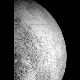 This image of Europa's leading hemisphere was obtained by the solid state imaging system onboard NASA's Galileo spacecraft during its seventh orbit of Jupiter on April 3, 1997.