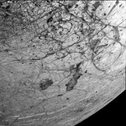 This image of Europa's southern hemisphere was obtained by the solid state imaging system onboard NASA's Galileo spacecraft during its sixth orbit of Jupiter, taken on Feb. 20, 1997.