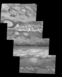 Jupiter's atmospheric circulation is dominated by alternating eastward and westward jets from equatorial to polar latitudes. This image was taken on April 3, 1997, by NASA's Galileo spacecraft.
