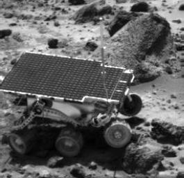 This image obtained by NASA's Imager for Mars Pathfinder (IMP) of the Sojourner rover was taken near the end of daytime operations on Sol 41. Sol 1 began on July 4, 1997.