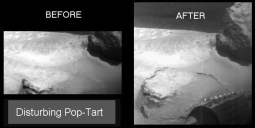 NASA's Sojourner rover's front right camera imaged Pop-tart, a small rock or indurated soil material which was pushed out of the surrounding drift material by Sojourner during a soil mechanics experiment. Sol 1 began on July 4, 1997.