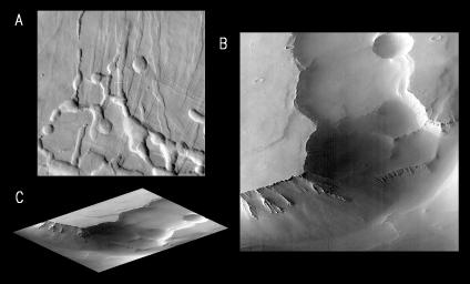 These views of Labyrinthus Noctis on Mars from NASA's Mars Global Surveyor were acquired on September 19, 1997, about 11 minutes after the spacecraft passed close to the planet for the fifth time.