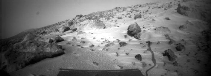 This image taken on Sol 74 ( September 17) from NASA's Sojourner rover's right front camera shows areas of the Pathfinder landing site never before seen. Sol 1 began on July 4, 1997.