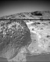 The rock 'Stimpy' is seen in this close-up image taken by NASA's Sojourner rover's left front camera on Sol 70 (September 13). Sol 1 began on July 4, 1997.