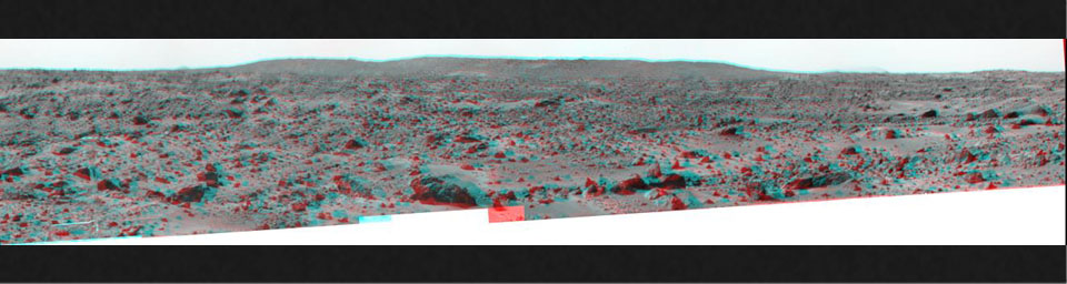 'Big Crater' is actually a relatively small Martian crater to the southeast of NASA's Mars Pathfinder landing site. 3D glasses are necessary to identify surface detail.