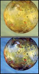 Global view of Jupiter's volcanic moon Io, obtained on Sept. 7,1996 by NASA's Galileo spacecraft.