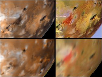 Detail of changes around Marduk on Jupiter's moon Io as seen by NASA's Voyager 1 in 1979 (upper left) and NASA's Galileo spacecraft between June 1996 (lower left) and September 1996 (upper and lower right).