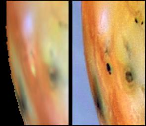 Detail of changes east of Pele on Jupiter's moon Io as seen by NASA's Galileo spacecraft between June (left) and September (right) 1996.