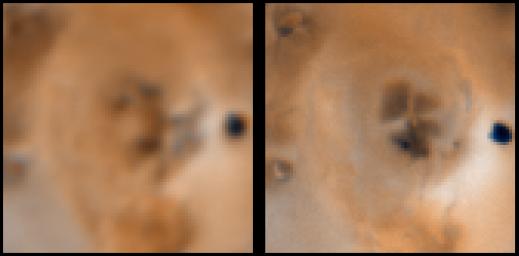 Detail of changes around a probable vent about 650 kilometers north of Prometheus on Jupiter's moon Io as seen in images obtained by the NASA's Voyager 1 spacecraft in April 1979 (left) and NASA's Galileo spacecraft on Sept. 7th, 1996 (right).
