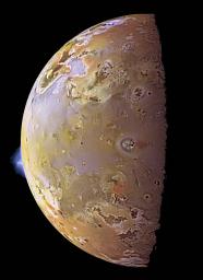 This color image, acquired during NASA's Galileo ninth orbit (C9) around Jupiter, shows two volcanic plumes on Io. One plume was captured on the bright limb or edge of the moon, erupting over a caldera named Pillan Patera.