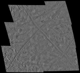 This six frame mosaic of Europa's surface shows a variety of interesting geologic features. These images were obtained by the Solid State Imaging (CCD) system on NASA's Galileo spacecraft during its sixth orbit around Jupiter.