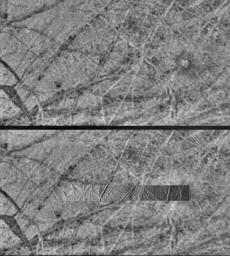 These images obtained by the Solid State Imaging (CCD) system aboard NASA's Galileo spacecraft show the same region of Europa under different lighting conditions.