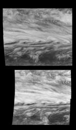 Time Sequence of a belt-zone boundary near Jupiter's equator. These mosaics images captured by the Solid State Imaging system aboard NASA's Galileo spacecraft show Jupiter's appearance at 757 nanometers (near-infrared).