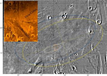 Mosaic of Ares Vallis showing different landing ellipses, with color inset of the Chryse Planitia region of Mars showing the outflow channels as seen by NASA's Mars Pathfinder in 1997.