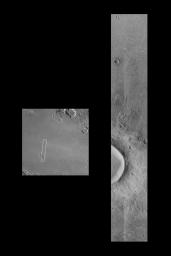 NASA's Mars Global Surveyor acquired this image of a flow ejecta crater on November 19, 1997. Flow ejecta craters are so named because the material blasted out of the crater during the impact process appears to have flowed across the surface of Mars.