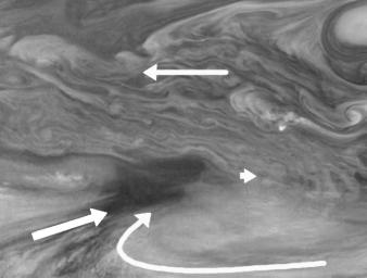 Wind patterns of Jupiter's equatorial region. This mosaic taken by the Solid State Imaging system aboard NASA's Galileo spacecraft covers an area of 34,000 by 22,000 kilometers and was taken using the 756 nanometer near-infrared continuum filter.