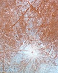 This enhanced color image of the impact crater Pwyll on Jupiter's moon Europa was produced by combining low resolution color data with a higher resolution mosaic of images obtained by the Solid State Imaging (CCD) system aboard NASA's Galileo spacecraft.