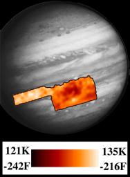 This map shows temperatures for the region around Jupiter's Great Red Spot and an area to the northwest. This map was made from data taken by NASA's Photopolarimeter/Radiometer (PPR) instrument on June 26, 1996.