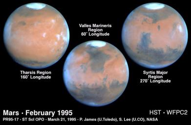 These NASA Hubble Space Telescope views provide the most detailed complete global coverage of the red planet Mars ever seen from Earth. The pictures were taken on February 25, 1995, when Mars was at a distance of 65 million miles.