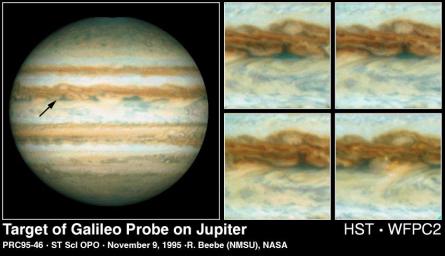 NASA's Hubble Space Telescope image of Jupiter shown on the left was taken on Oct. 5, 1995, when the giant planet was at a distance of 534 million miles (854 million kilometers) from Earth.