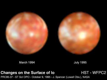 This NASA Hubble Space Telescope pair of images of Jupiter's volcanic moon Io shows the surprising emergence of a 200-mile diameter large yellowish-white feature near the center of the moon's disk (photo on the right).