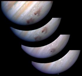 This mosaic of WFPC-2 images shows the evolution of the Shoemaker-Levy 9 G impact site on Jupiter. The images were captured by NASA's Hubble Space Telescope.