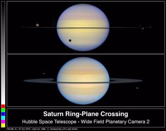 This is a NASA Hubble Space Telescope snapshot of Saturn with its rings barely visible. Normally, astronomers see Saturn with its rings tilted. Earth was almost in the plane of Saturn's rings, thus the rings appear edge-on.