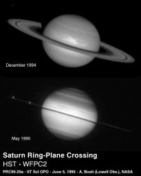 NASA's Hubble Space Telescope captured Saturn on May 22, 1995 as the planet's magnificent ring system turned edge-on. This ring-plane crossing occurs approximately every 15 years when the Earth passes through Saturn's ring plane.