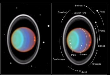 Taking its first peek at Uranus, NASA's Hubble Space Telescope's Near Infrared Camera and Multi-Object Spectrometer (NICMOS) detected six distinct clouds in images taken July 28,1997.