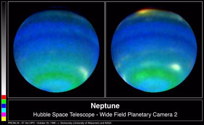 These two NASA Hubble Space Telescope images provide views of weather on opposite hemispheres of Neptune. Taken Aug. 13, 1996; these composite images blend information from different wavelengths to bring out features of Neptune's blustery weather. 
