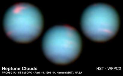 These NASA Hubble Space Telescope views of the blue-green planet Neptune provide three snapshots of changing weather conditions. The images were taken in 1994 on 3 separate days when Neptune was 2.8 billion miles (4.5 billion kilometers) from Earth.
