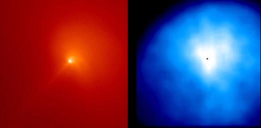 These are two images of the inner coma of Comet Hyakutake made on April 3 and 4, 1996, using the NASA Hubble Space Telescope Wide Field Planetary Camera 2 (WFPC2).