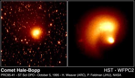 These NASA Hubble Space Telescope pictures of comet Hale-Bopp show a remarkable 'pinwheel' pattern and a blob of free-flying debris near the nucleus.