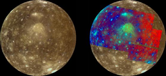 Jupiter's icy moon Callisto is shown in approximate natural color (left) and in false color to enhance subtle color variations (right). These color images were obtained by the Solid State Imaging (SSI) system on NASA's Galileo spacecraft.