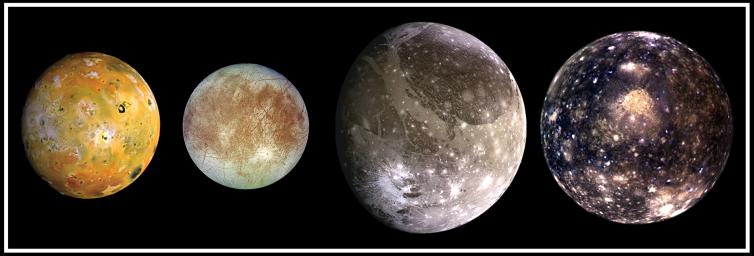This composite includes the four largest moons of Jupiter which are known as the Galilean satellites. Shown from left to right are Io, closest to Jupiter, followed by Europa, Ganymede, and Callisto.