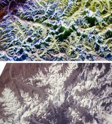 These are two comparison images of Mount Everest and its surroundings, along the border of Nepal and Tibet.