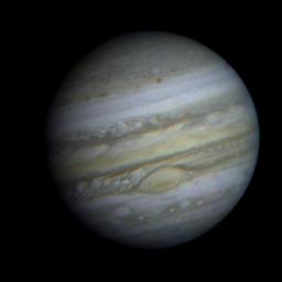 This is a view of Jupiter taken by NASA's Voyager 1. This image was taken through three color filters and recombined to produce the color image.