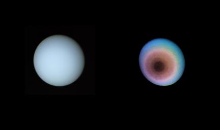 These two pictures of Uranus were compiled from images recorded by NASA's Voyager 2 on Jan. 1O, 1986. This view is toward the planet's pole of rotation, which lies just left of center. The image on the right is a false-color image.