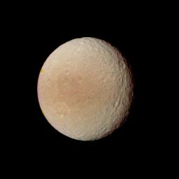 NASA's Voyager 2 obtained this image of Tethys on Aug. 25, 1981, when the spacecraft was 594,000 kilometers (368,000 miles) from this satellite of Saturn.