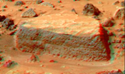 This anaglyph view of 'Flat Top,' due south of the lander, was produced by NASA's Mars Pathfinder's Imager camera. 3D glasses are necessary to identify surface detail.