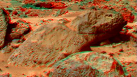This is a stereo view of 'Moe & Pumpkin', part of the 'Bookshelf' at the back of the 'Rock Garden' to the southwest of NASA's Mars Pathfinder lander. 3D glasses are necessary to identify surface detail.