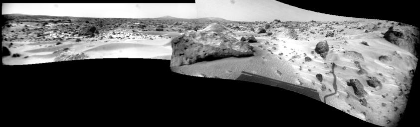 This NASA Sojourner rover panorama from Sols 75 and 76 is the only true panorama product produced by the rover. This panorama ranges from Big Crater on the left, past 'Twin Peaks' and almost all the way to the north horizon. Sol 1 began on July 4, 1997.