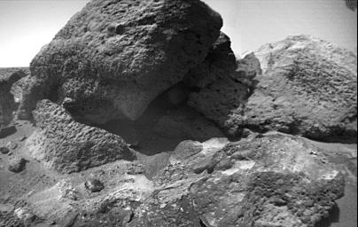 This close-up image of 'Shark,' in the Bookshelf at the back of the Rock Garden, was taken NASA's Sojourner Rover on Sol 75. Also in the image are 'Half Dome' (right) and 'Desert Princess' (lower right). Sol 1 began on July 4, 1997.