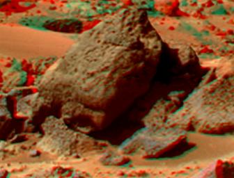 This anaglyph view of 'Shark' was produced by NASA's Mars Pathfinder's Imager camera. 3D glasses are necessary to identify surface detail.