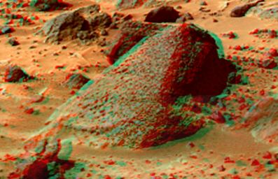 This anaglyph view of 'Wedge' was produced by NASA's Mars Pathfinder's Imager camera. 3D glasses are necessary to identify surface detail.