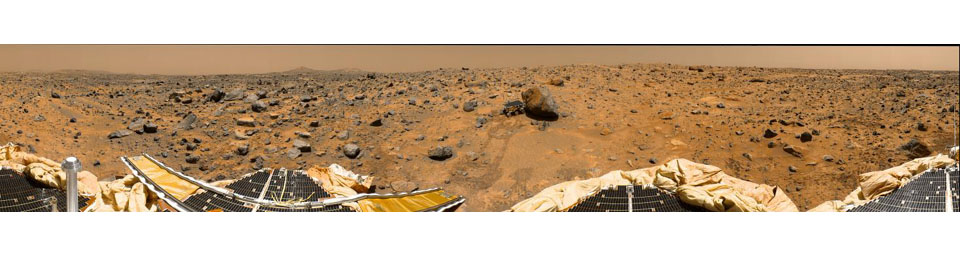 This is a more recent 'geometrically improved, color enhanced' version of the 360-degree 'Gallery Pan,' the first contiguous, uniform panorama taken by the Imager for Mars (IMP) over the course of Sols 8, 9, and 10.
