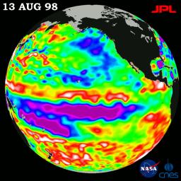 This image of the Pacific Ocean was produced using sea-surface height measurements taken by NASA's U.S.-French TOPEX/Poseidon satellite showing sea surface height relative to normal ocean conditions on August 13, 1998.