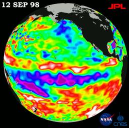 This image of the Pacific Ocean was produced using sea-surface height measurements taken by NASA's U.S.-French TOPEX/Poseidon satellite showing sea surface height relative to normal ocean conditions on September 12, 1998.